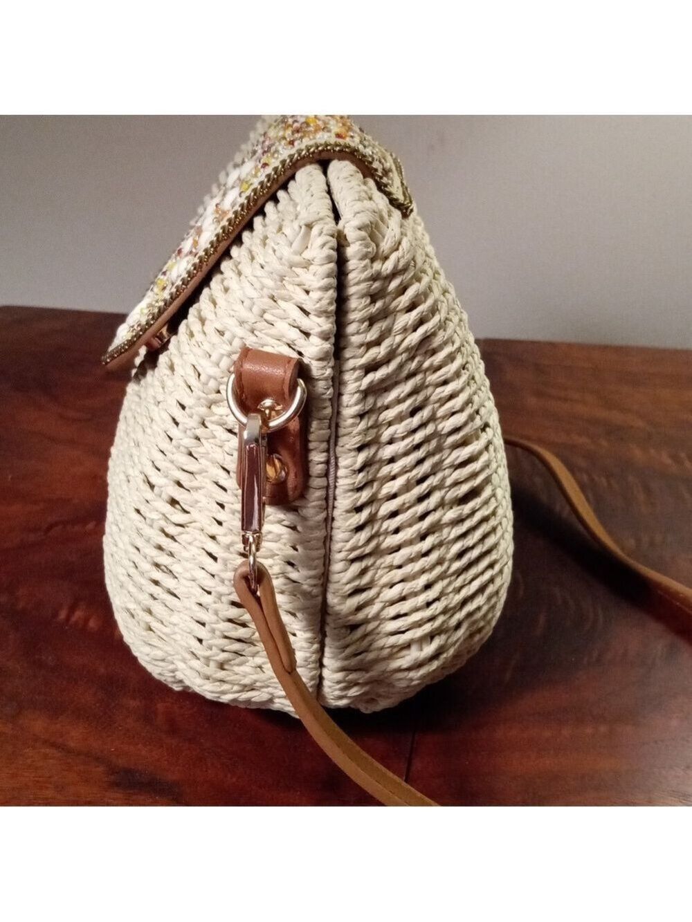 NWT Emperia Natural Straw And Vegan Leather Crossbody Bag With Beaded Accents - Picture 6 of 12